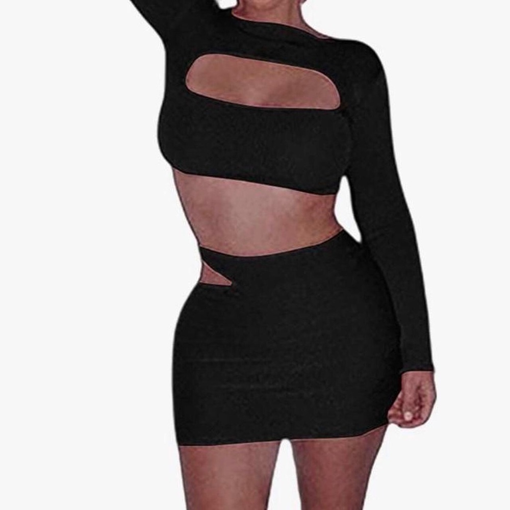Black Crop Top Skirt Two Piece Cut out set